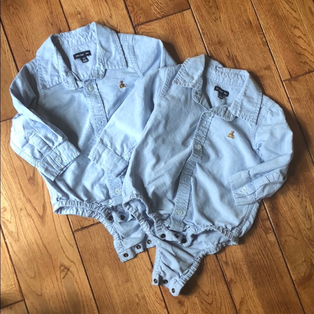 2 blue collared "buttoned down" onesie. 12-18 mos.